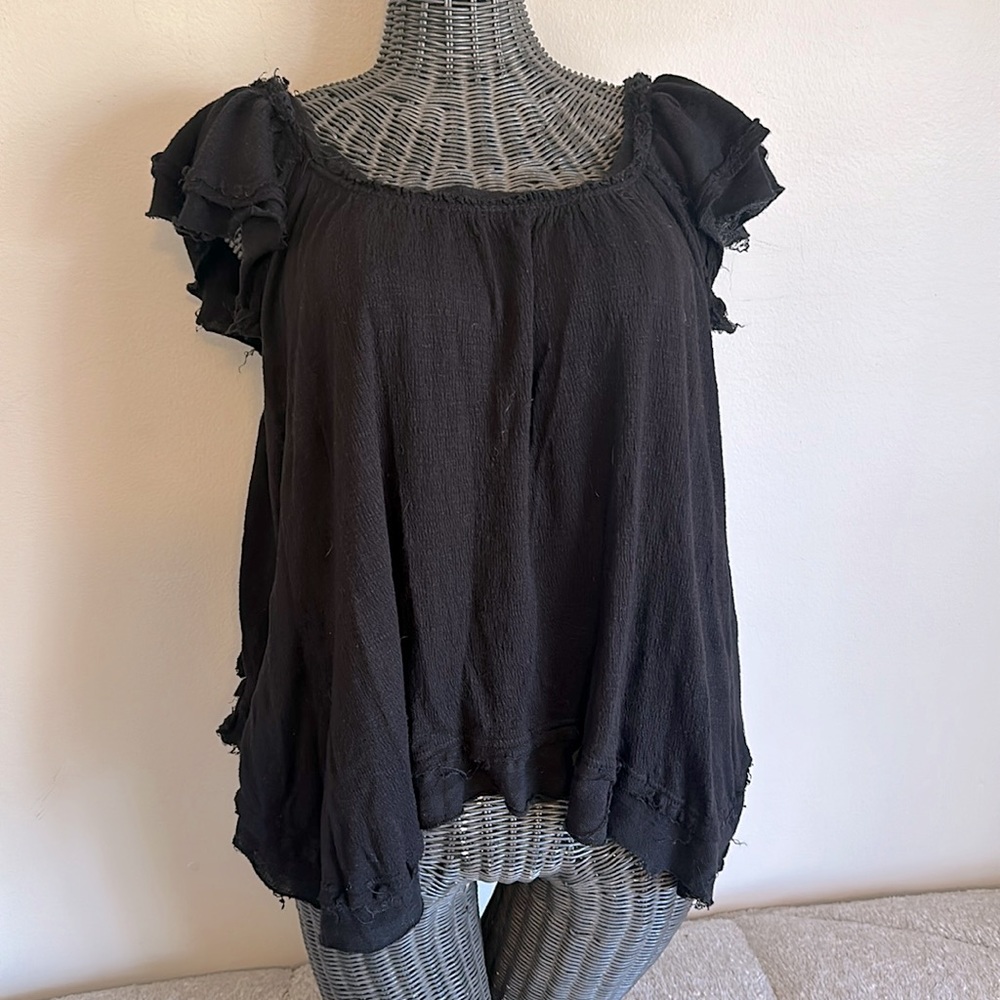 Free People Black Ruffled Sleeve Square Neck Top